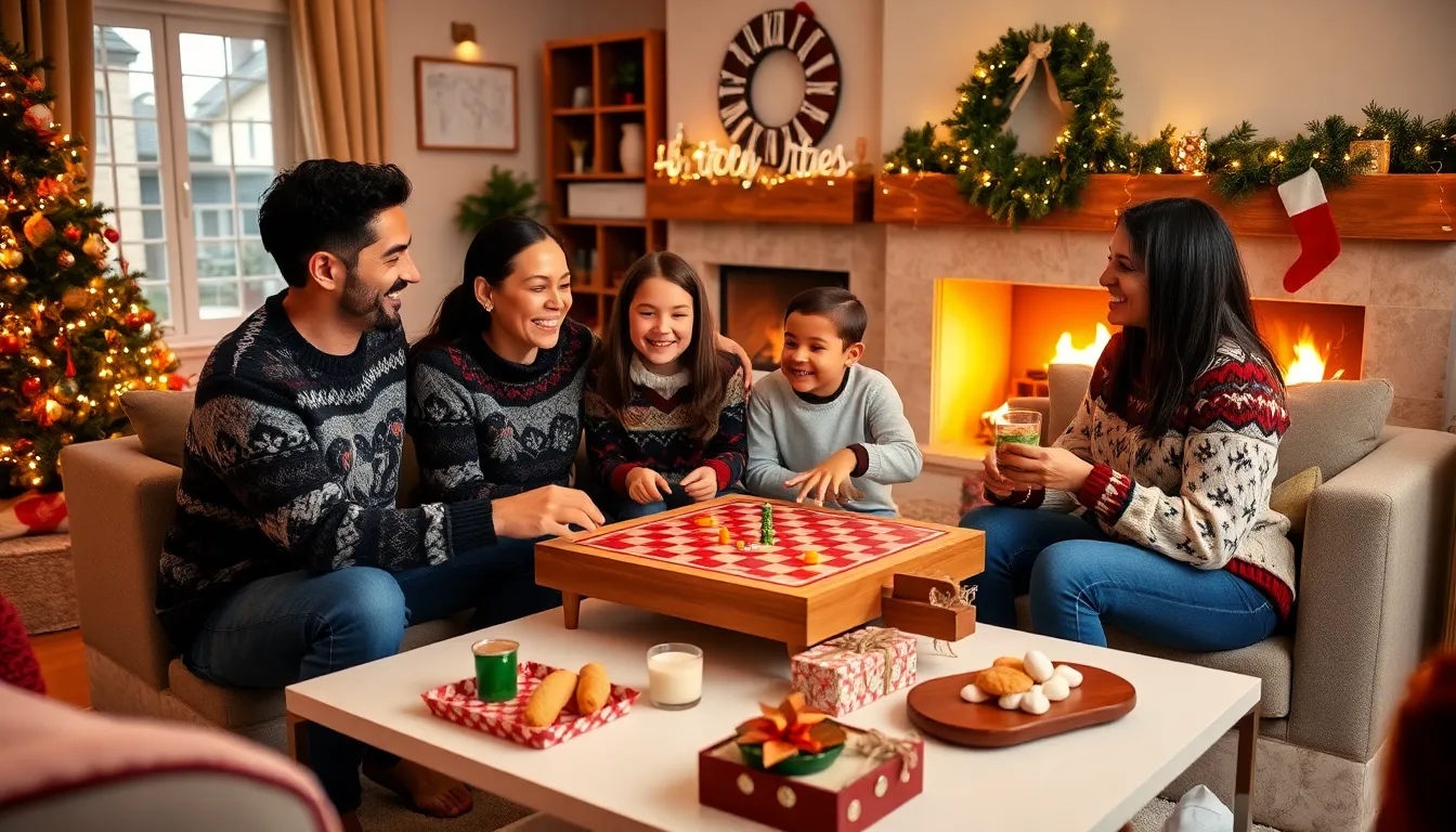 Family enjoying games together in a festive living room.