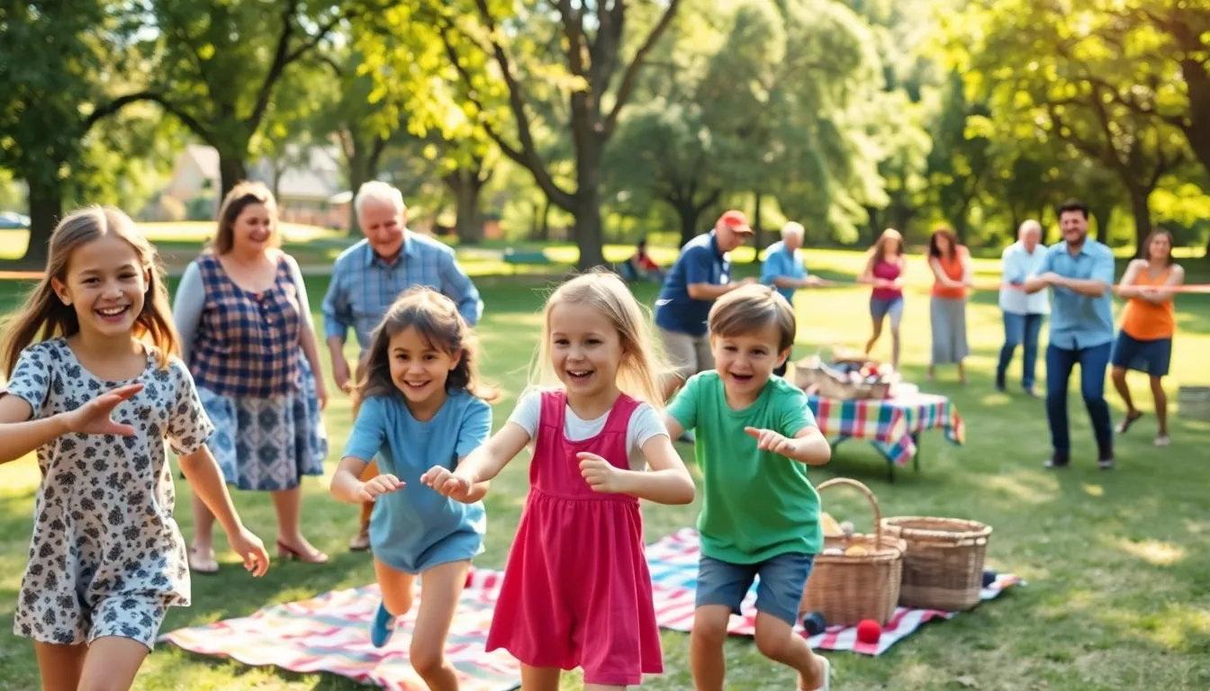 family members enjoying games at a vibrant outdoor reunion.