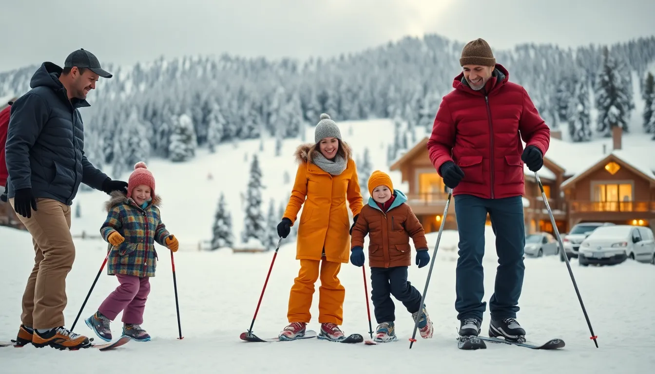 a family enjoying winter activities in a snowy landscape.