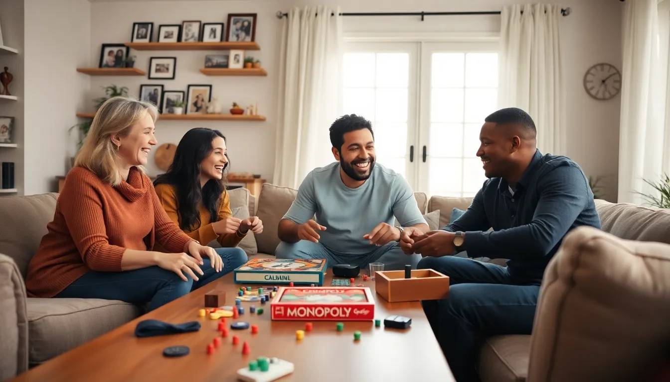 diverse family enjoying classic board games in a cozy living room.