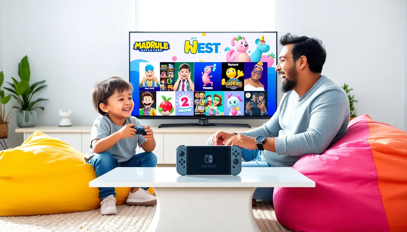 family playing Nintendo Switch together in a cozy living room.