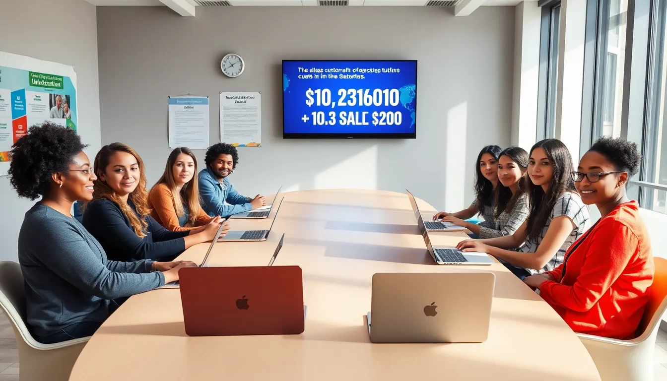 diverse students discussing college education costs in a modern classroom.