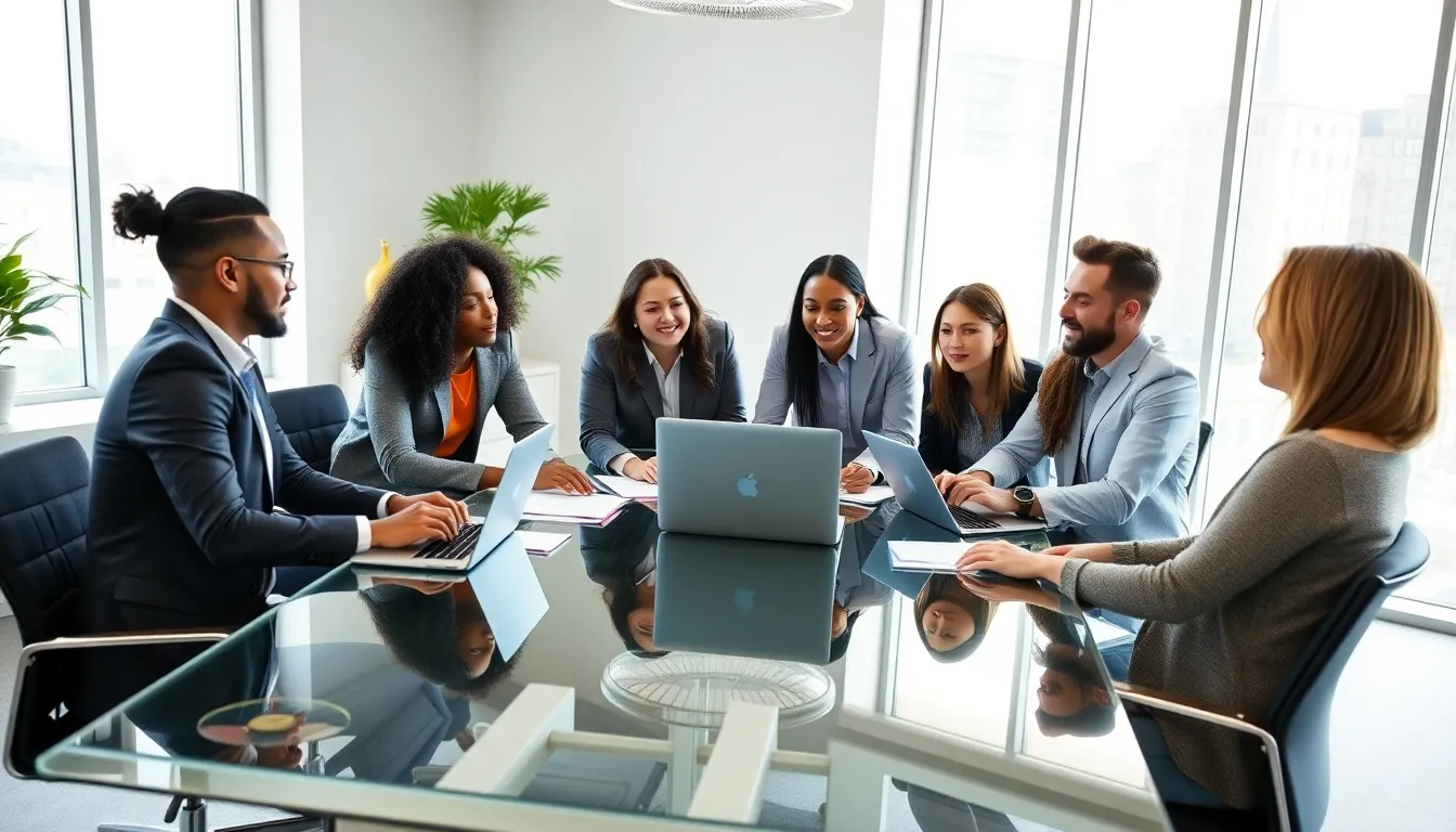 diverse professionals collaborating in a modern office setting.