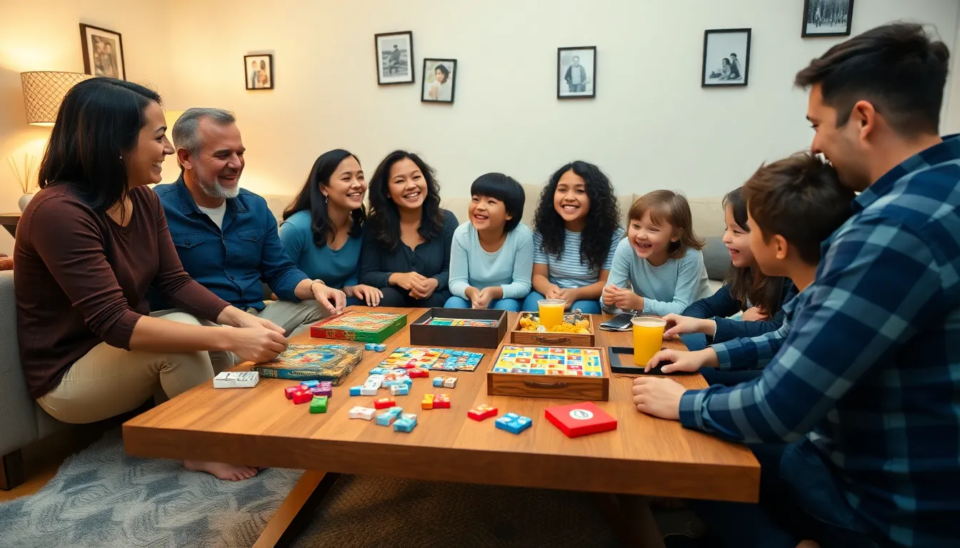 diverse family enjoying a game night in a cozy living room.