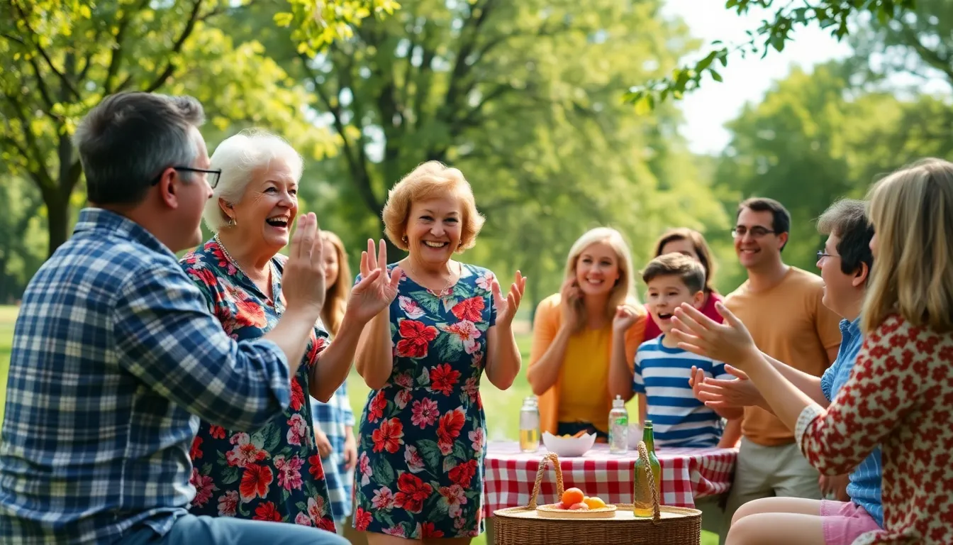 family members enjoying games together at a reunion in a park.